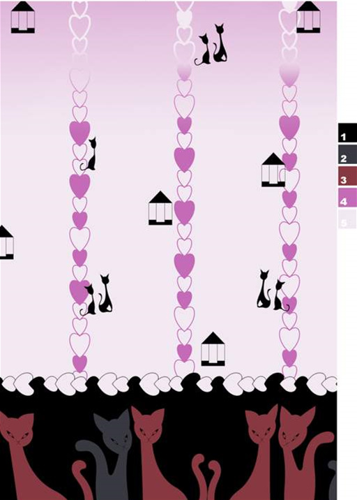 浪漫猫咪与爱心垂链图案面料印花素材,适用于女装T恤与童装服装印花