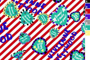 红白条纹撞色心形文字印花面料印花素材，适用于服装印花设计