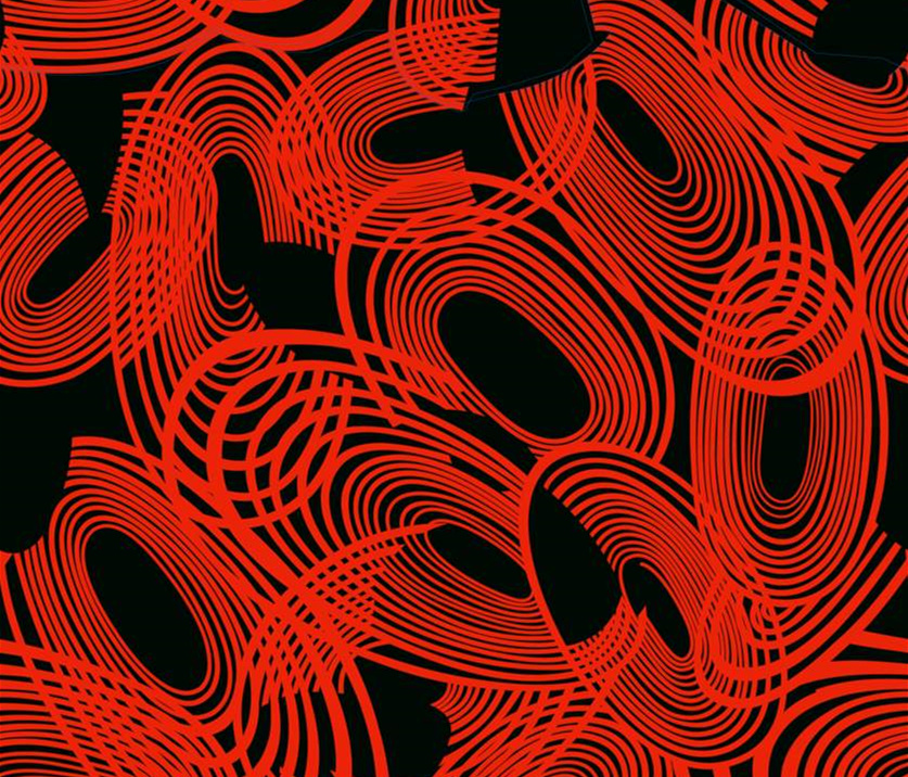 高对比红黑线条流动感面料印花素材,适用于时尚服装印花设计