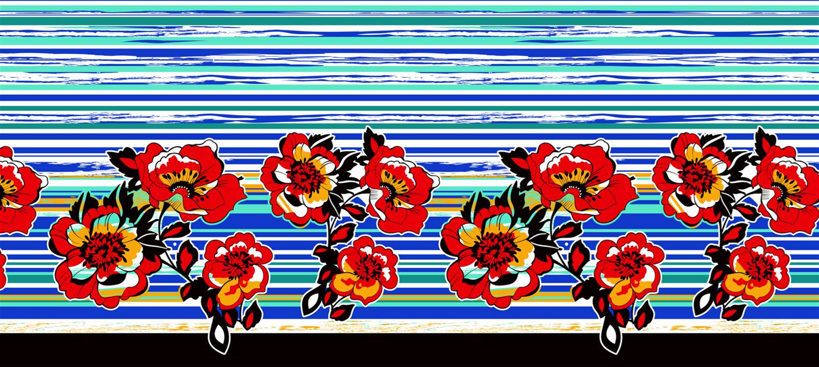 复古花卉条纹面料印花素材,适用于服装印花设计与数码印染