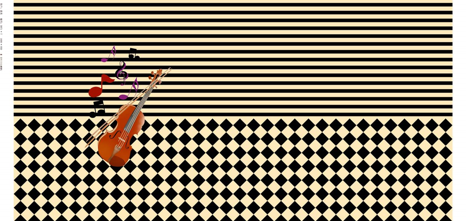 黑白条纹与棋盘格拼接小提琴音乐主题面料印花素材