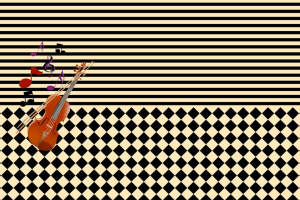 黑白条纹与棋盘格拼接小提琴音乐主题面料印花素材