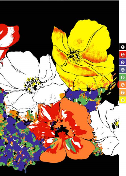 高对比度手绘风花卉面料印花素材,适用于服装印花设计