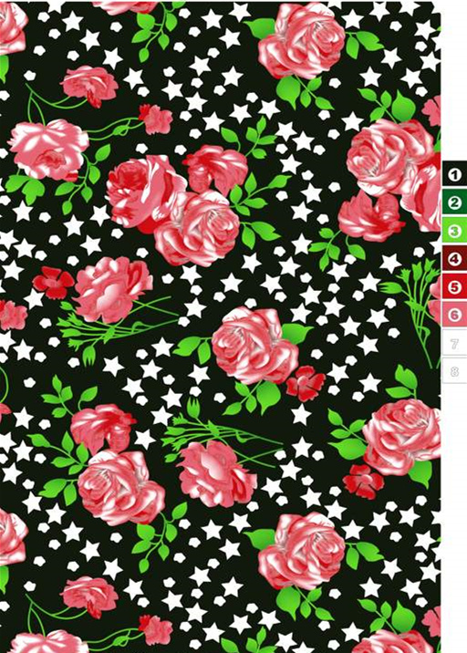 黑底粉玫瑰星点面料印花素材,适用于服装印花设计与数码印染