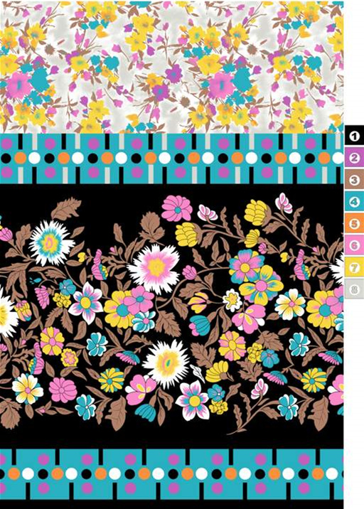 复古花卉与几何条纹结合的服装印花素材,适用于面料印花设计