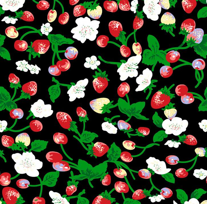 草莓藤蔓手绘风面料印花素材,适用于春夏服装印花设计