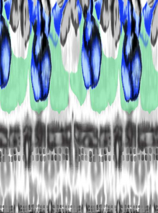 蓝绿晕染抽象花卉面料印花素材,适用于春夏服装印花设计