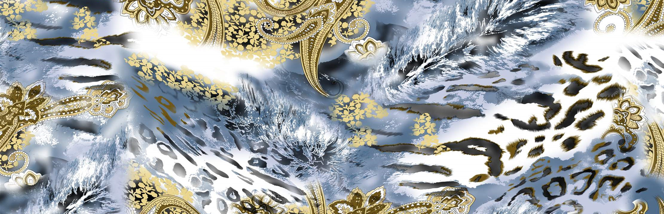 高级感面料印花素材:金色佩斯利与豹纹融合服装印花设计