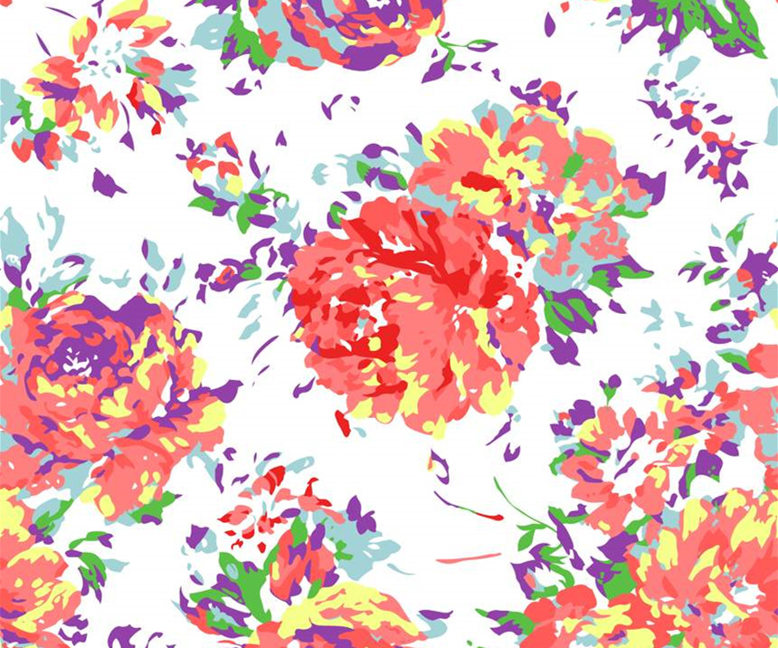 高饱和度手绘风花卉面料印花素材,适用于春夏服装印花设计