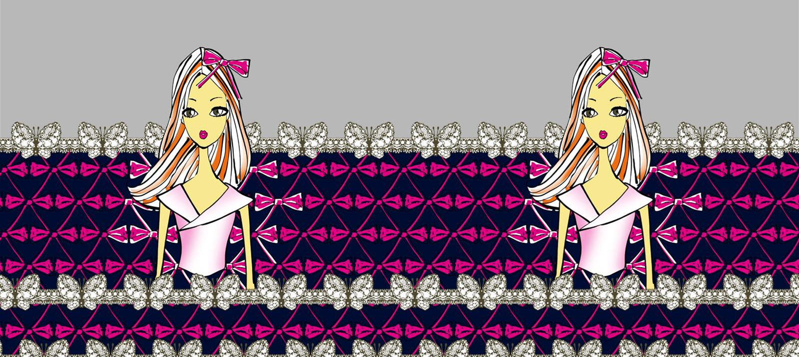 时尚蝴蝶结菱格面料印花素材,适用于少女风服装印花设计