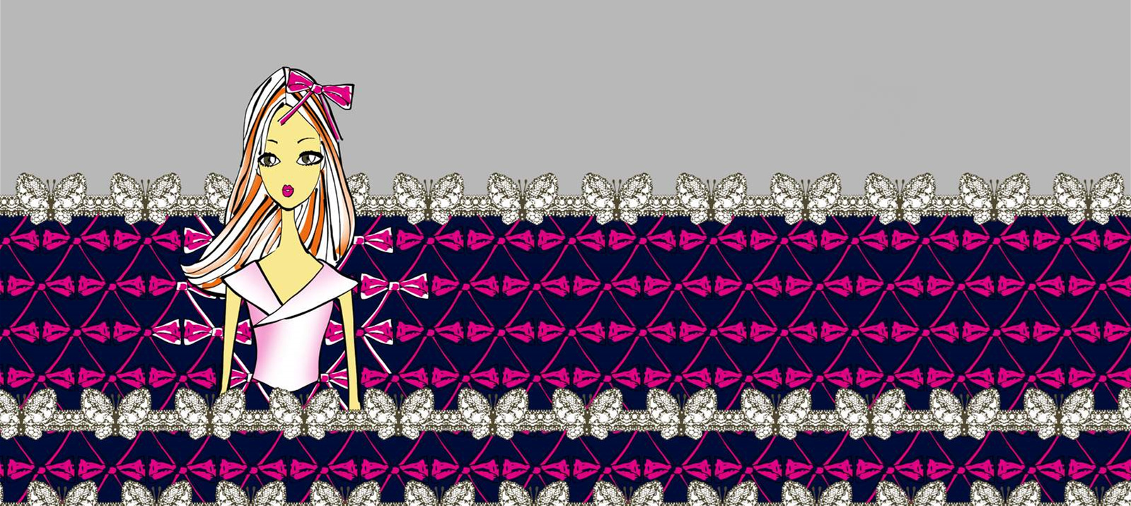 蝴蝶结菱格纹面料印花素材,适用于少女风服装印花设计