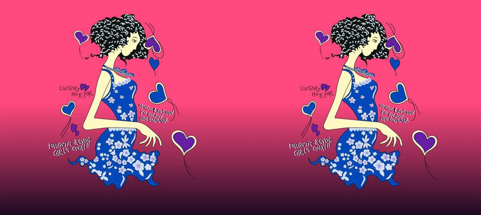 复古波浪卷发少女插画面料印花素材,适用于夏季服装印花设计