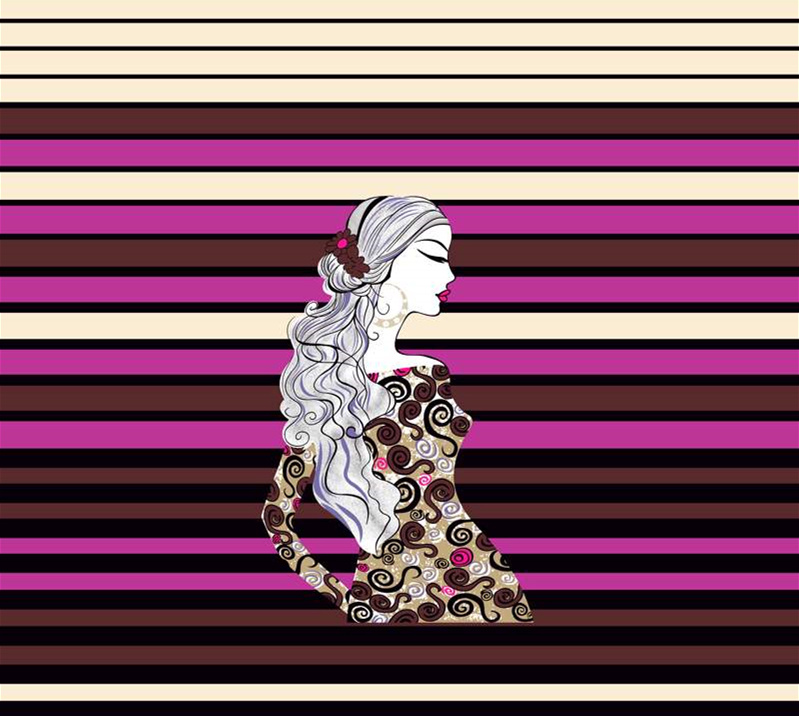 复古卷纹女性侧影面料印花素材,适用于服装印花设计