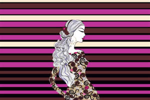 复古卷纹女性侧影面料印花素材，适用于服装印花设计