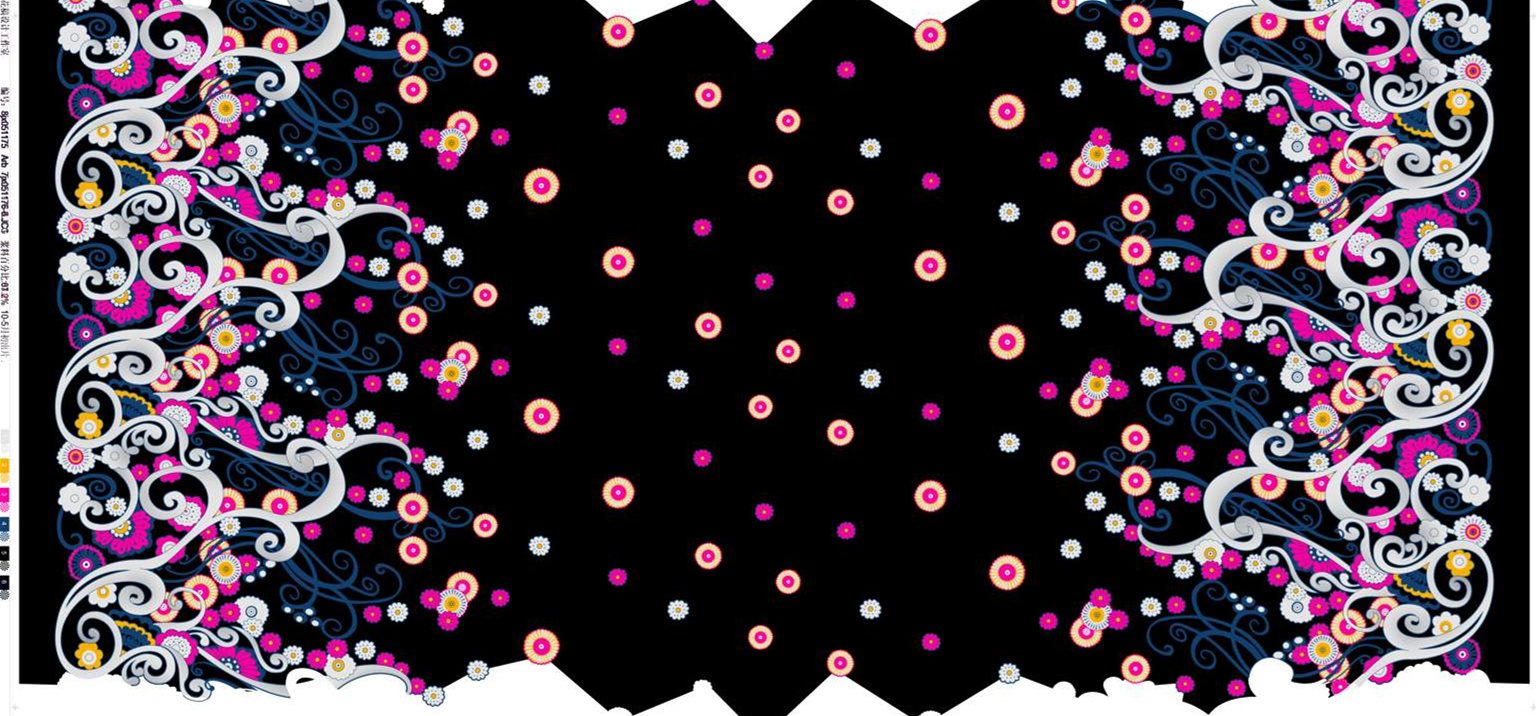 黑底繁花卷草纹面料印花素材,适用于服装印花设计与数码印染