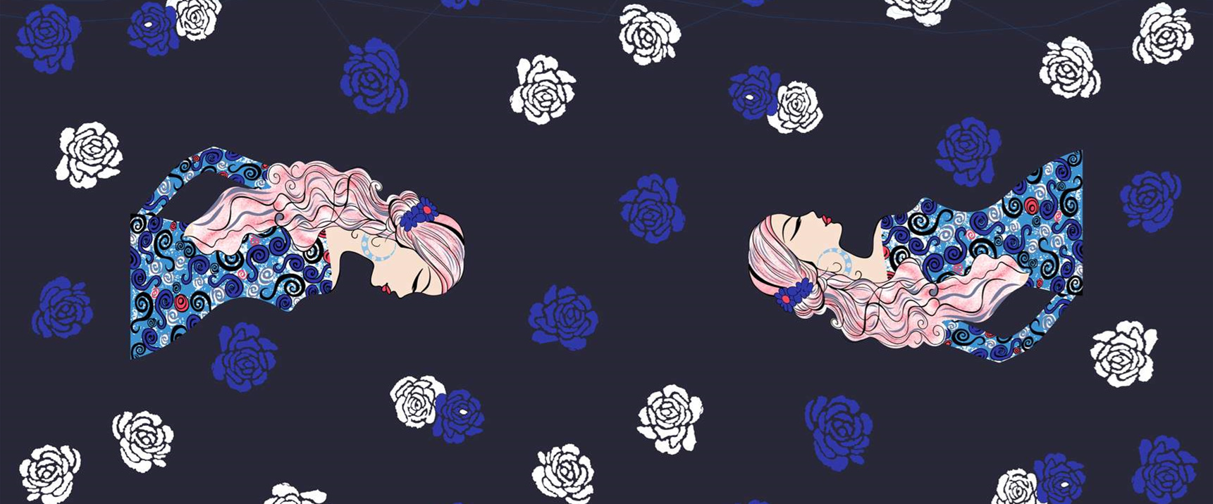 梦幻蓝白玫瑰与卷纹人像面料印花素材,适用于服装印花设计