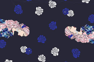 梦幻蓝白玫瑰与卷纹人像面料印花素材，适用于服装印花设计