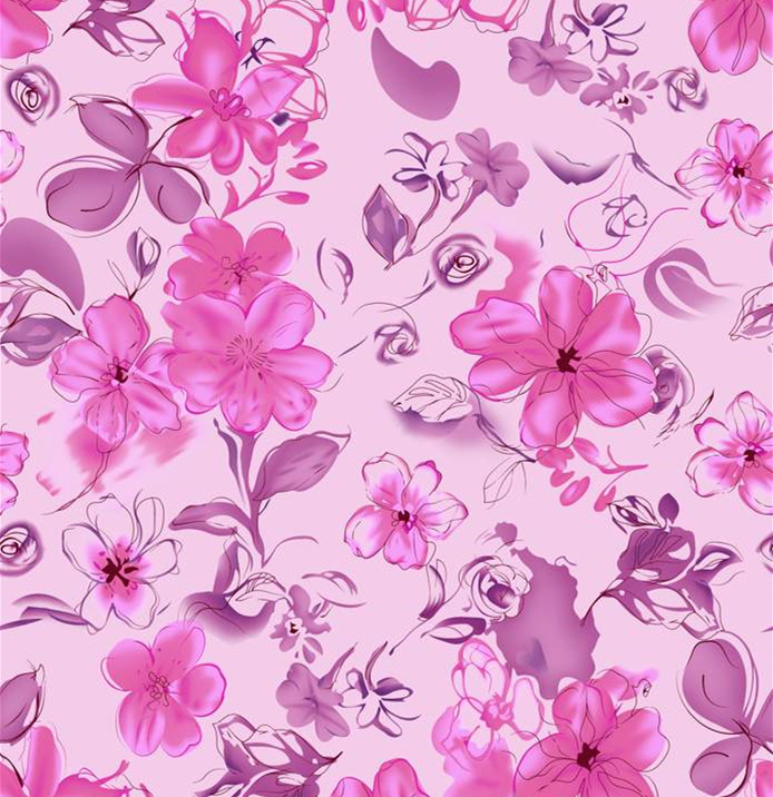 柔美粉紫花卉面料印花素材,适用于女装服装印花设计