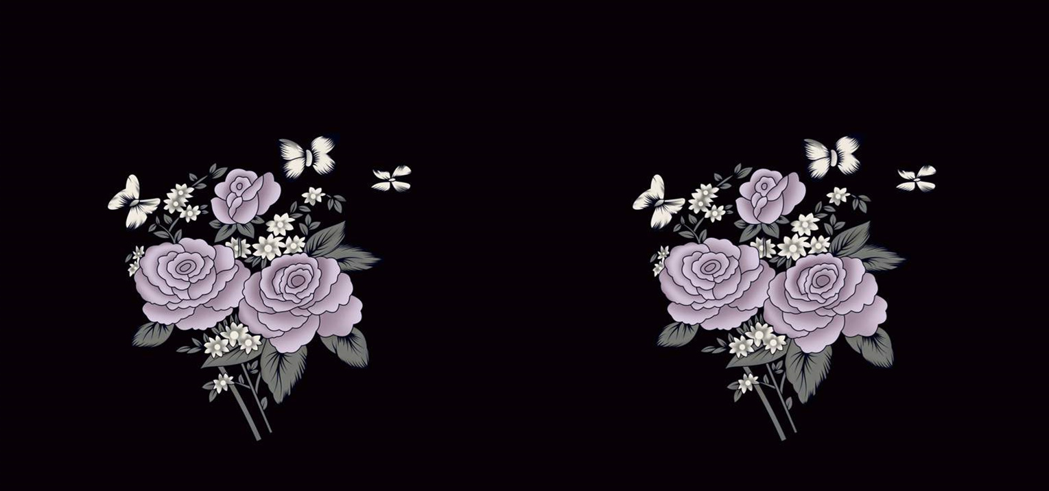 淡紫玫瑰蝴蝶组合面料印花素材,适用于女装衬衫与连衣裙服装印花设计