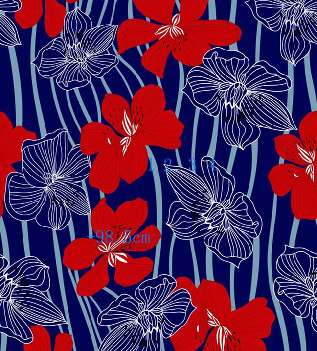 红蓝撞色花卉面料印花素材,适用于服装印花设计的高清花型图