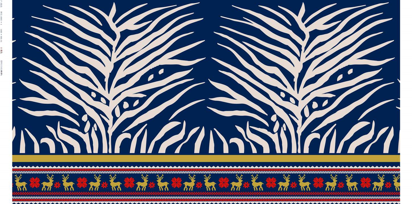 深蓝底白叶纹+民族风鹿纹边饰面料印花素材,适用于服装印花设计