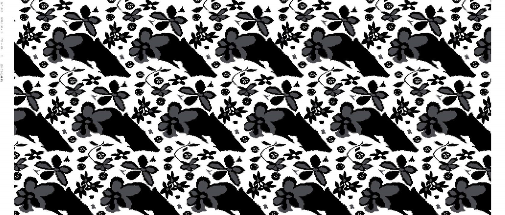 黑白花卉几何拼接面料印花素材,适用于服装印花设计与数码印染