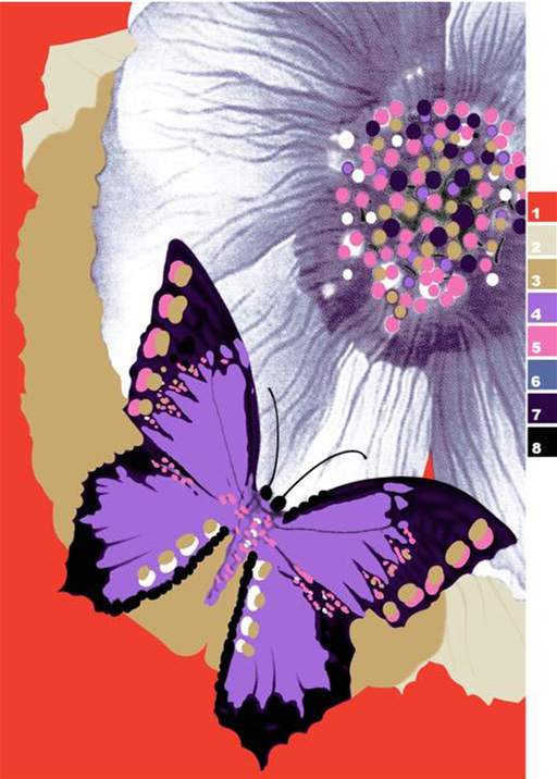 紫色蝴蝶与抽象花卉面料印花素材,适用于春夏服装印花设计