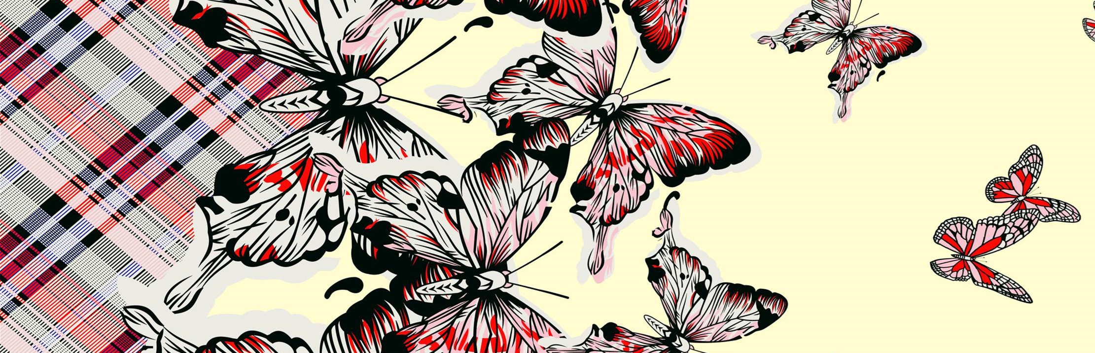 红黑蝴蝶手绘风面料印花素材,适用于服装印花设计与数码印制