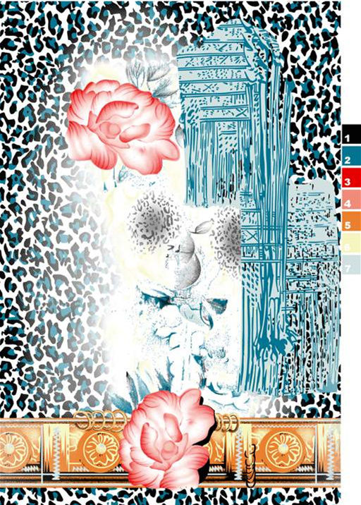 复古豹纹拼接玫瑰建筑风面料印花素材,适用于服装印花设计