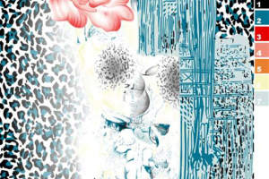 复古豹纹拼接玫瑰建筑风面料印花素材，适用于服装印花设计