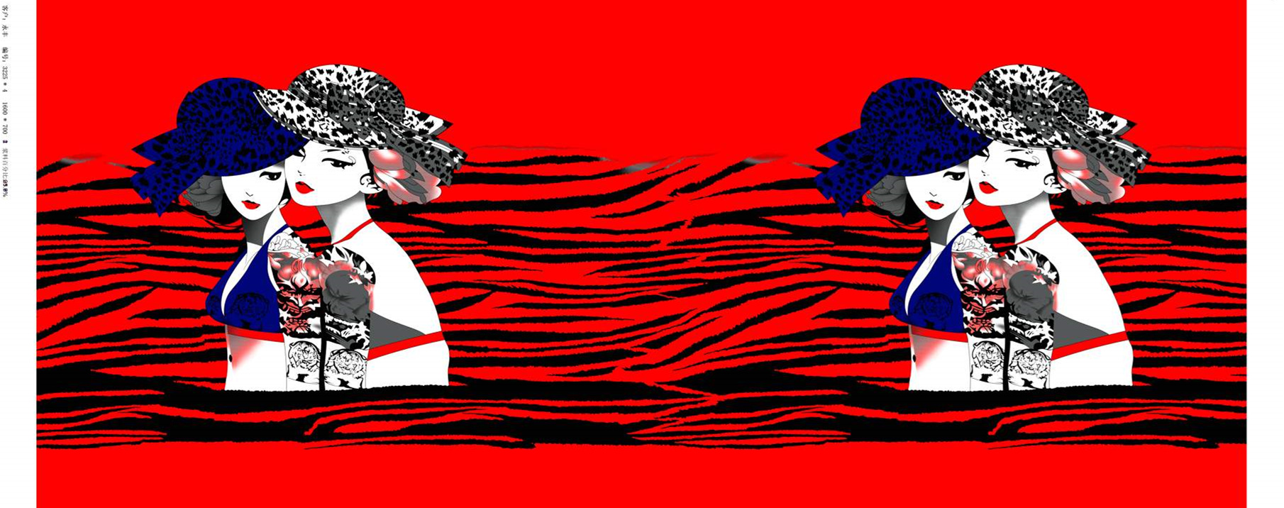 红黑豹纹撞色人物插画面料印花素材,适用于服装印花设计