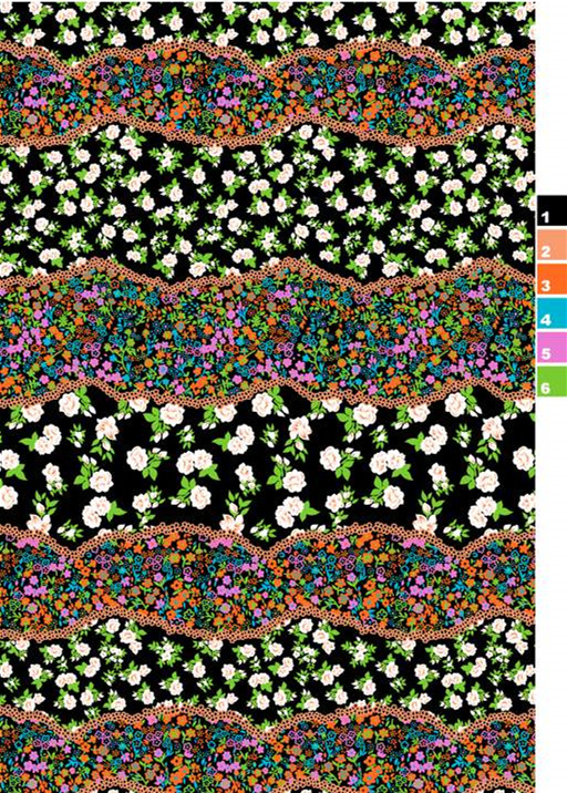 复古花卉波浪边面料印花素材,适用于服装印花设计与数码印制