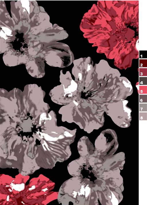 黑底灰红花卉面料印花素材,适用于服装印花设计与数码印染