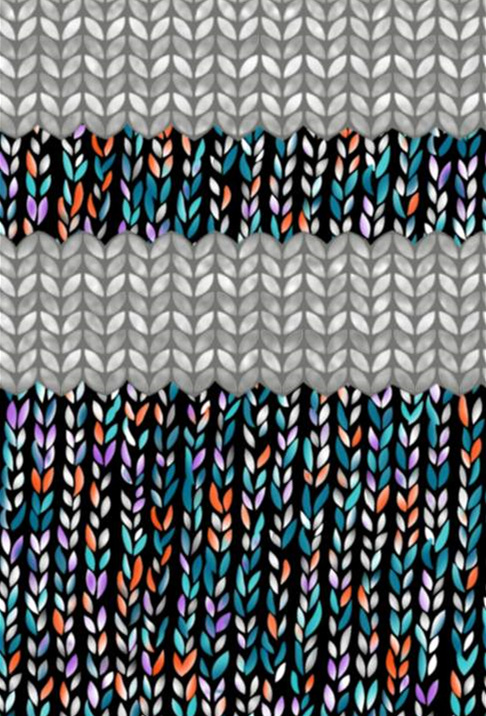 针织纹理与彩色叶形交织的服装印花素材,适用于毛衣与卫衣设计