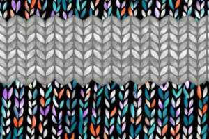 针织纹理与彩色叶形交织的服装印花素材，适用于毛衣与卫衣设计