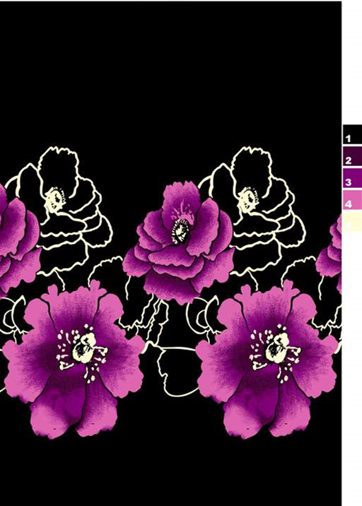 紫韵手绘风面料印花素材,适用于服装印花设计的高对比花卉图案