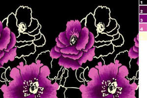 紫韵手绘风面料印花素材，适用于服装印花设计的高对比花卉图案