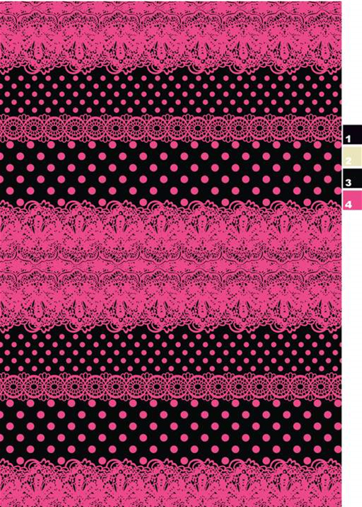 黑底粉蕾丝波点条纹面料印花素材,适用于服装印花设计