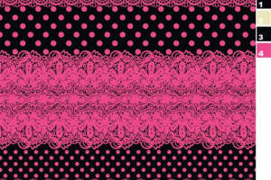黑底粉蕾丝波点条纹面料印花素材，适用于服装印花设计