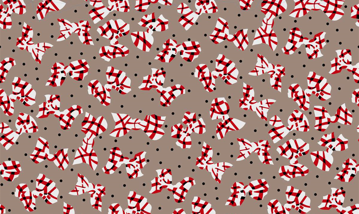 红白格纹蝴蝶结波点面料印花素材,适用于儿童服装印花设计