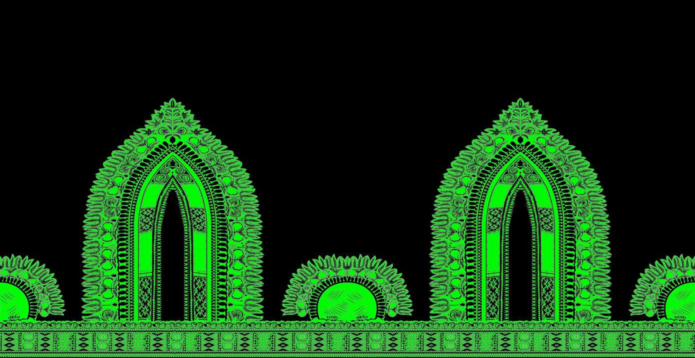 哥特式拱门纹样面料印花素材,适用于服装印花设计的高对比度绿色花型