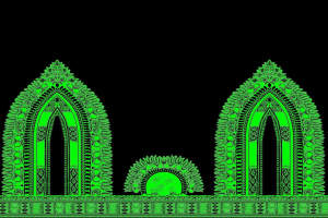 哥特式拱门纹样面料印花素材，适用于服装印花设计的高对比度绿色花型