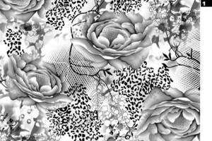 黑白玫瑰与豹纹混搭面料印花素材，适用于高端服装印花设计