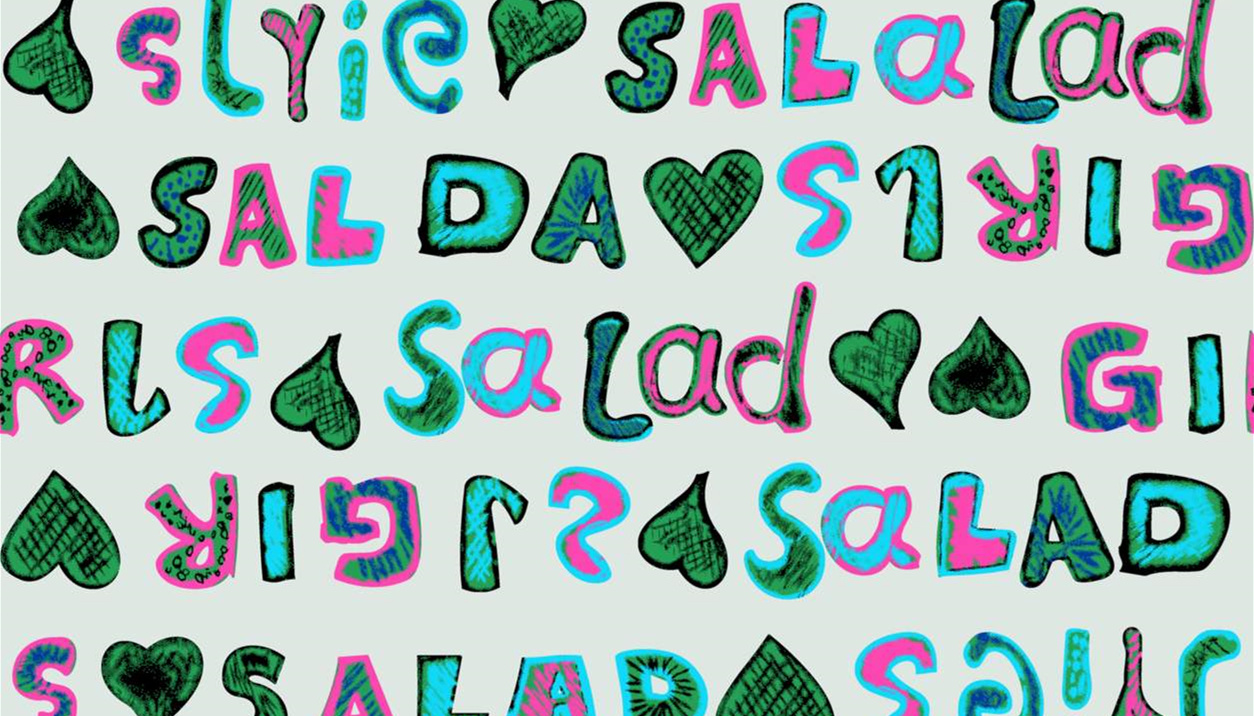 手绘涂鸦风‘SALAD’字母与爱心组合面料印花素材,适用于休闲服装印花设计