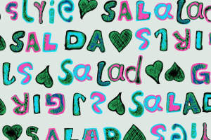 手绘涂鸦风‘SALAD’字母与爱心组合面料印花素材，适用于休闲服装印花设计