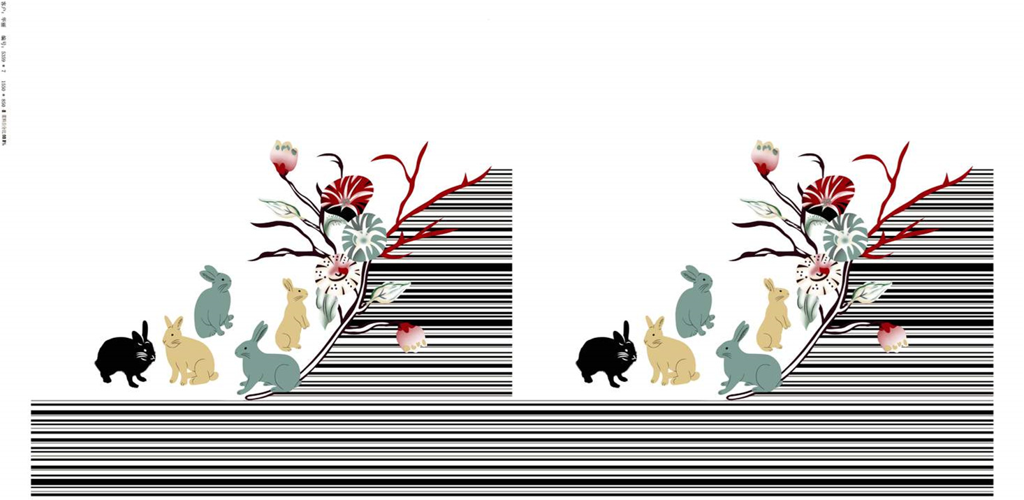 清新兔影花卉面料印花素材,适用于服装印花设计与数码印染