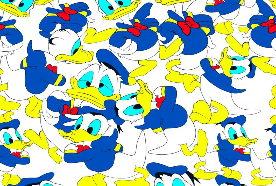 经典卡通鸭形象面料印花素材,适用于儿童服装印花设计