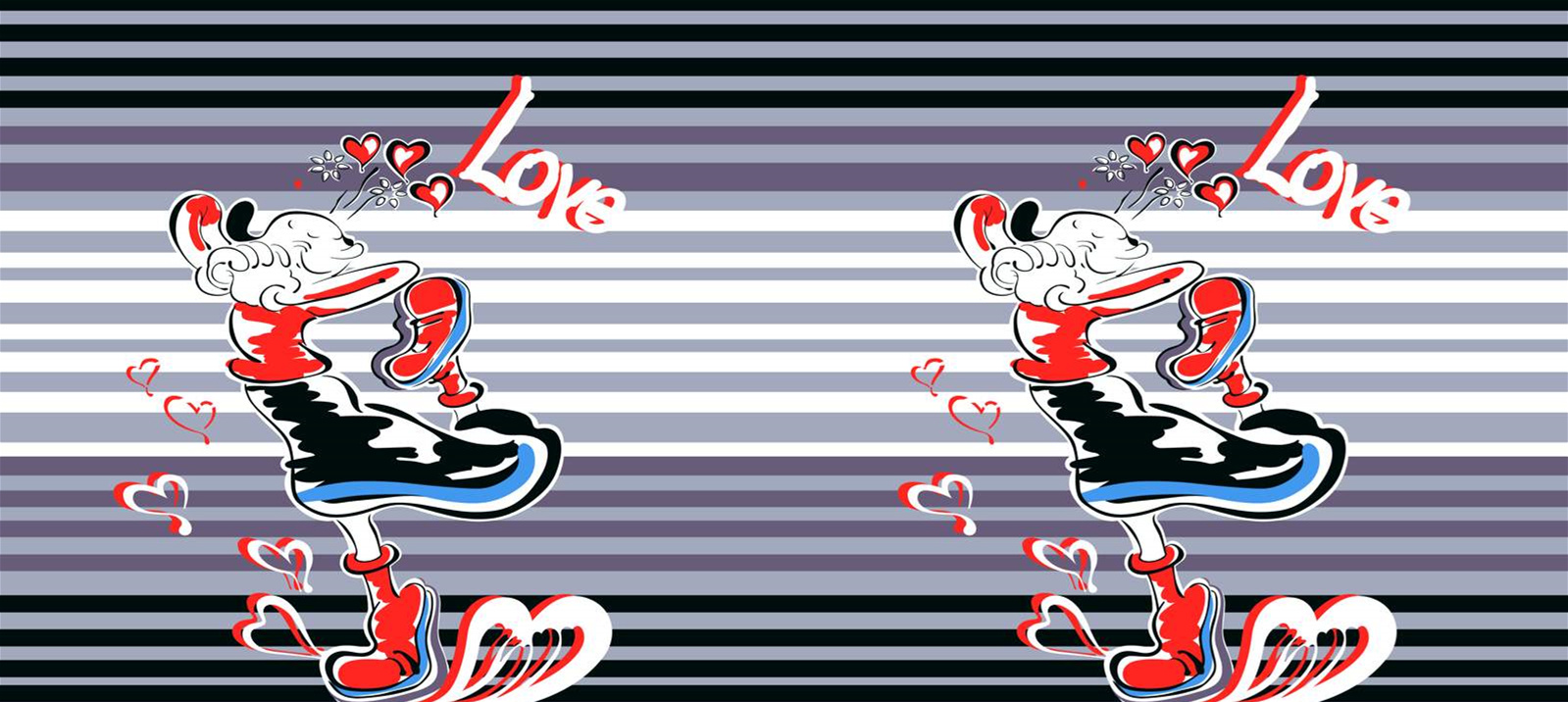 条纹背景爱心卡通人物面料印花素材,适用于服装印花设计