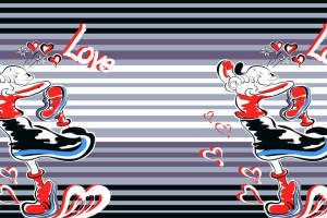 条纹背景爱心卡通人物面料印花素材，适用于服装印花设计