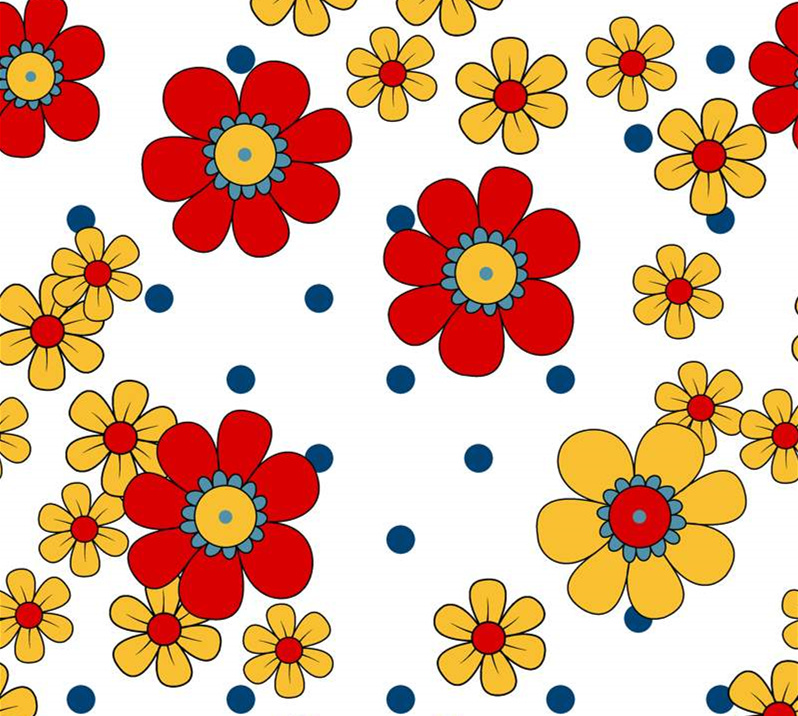 复古波普风红黄花朵面料印花素材,适用于服装印花设计